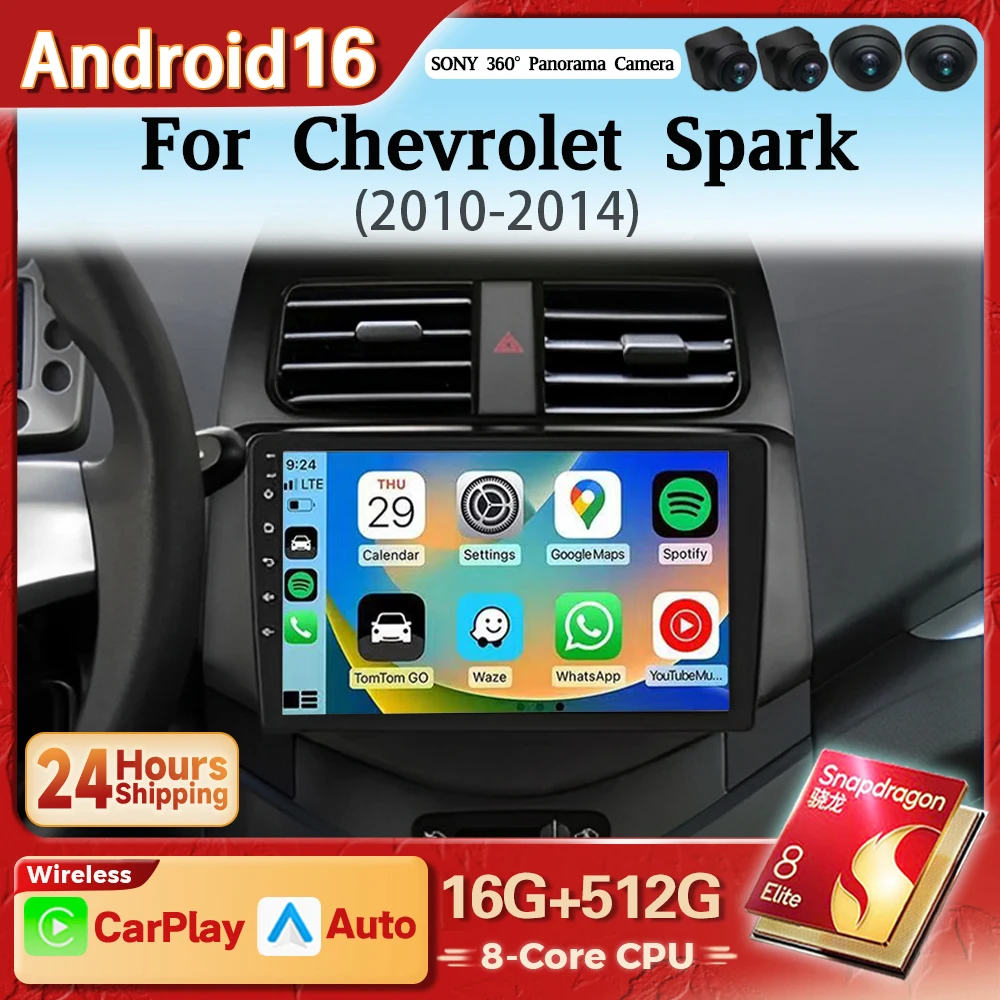 Android 16 Car Radio Multimedia Player For Chevrolet Spark 2010 2011 - 2014 Carplay Auto 2K Screen Autoradio Stereo Snapdragon