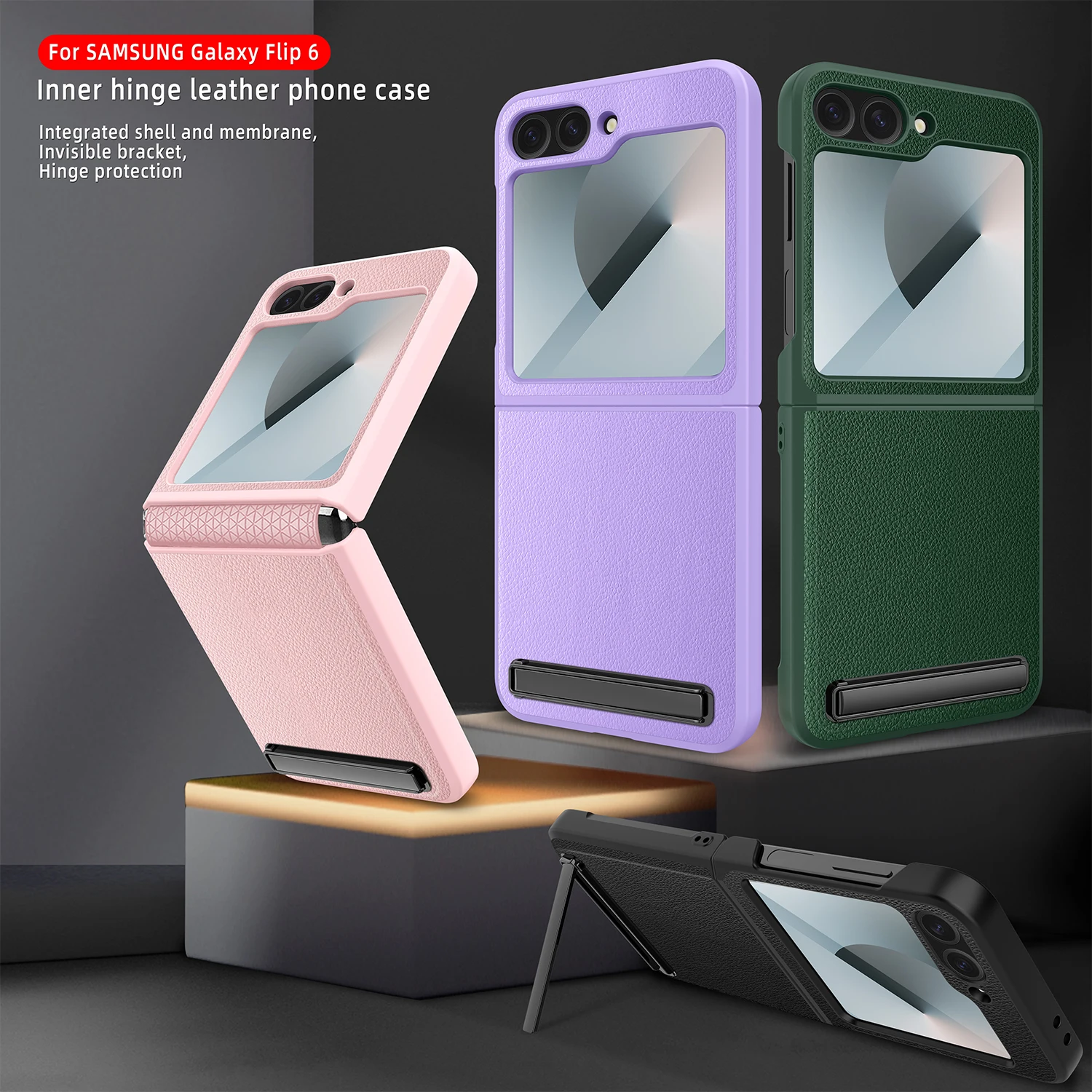 

Glass Film With Soft TPU Hinge Full Protect Luxury Leather Phone Cover For Samsung Galaxy Z Flip 6 5 4 3 Kickstand Case