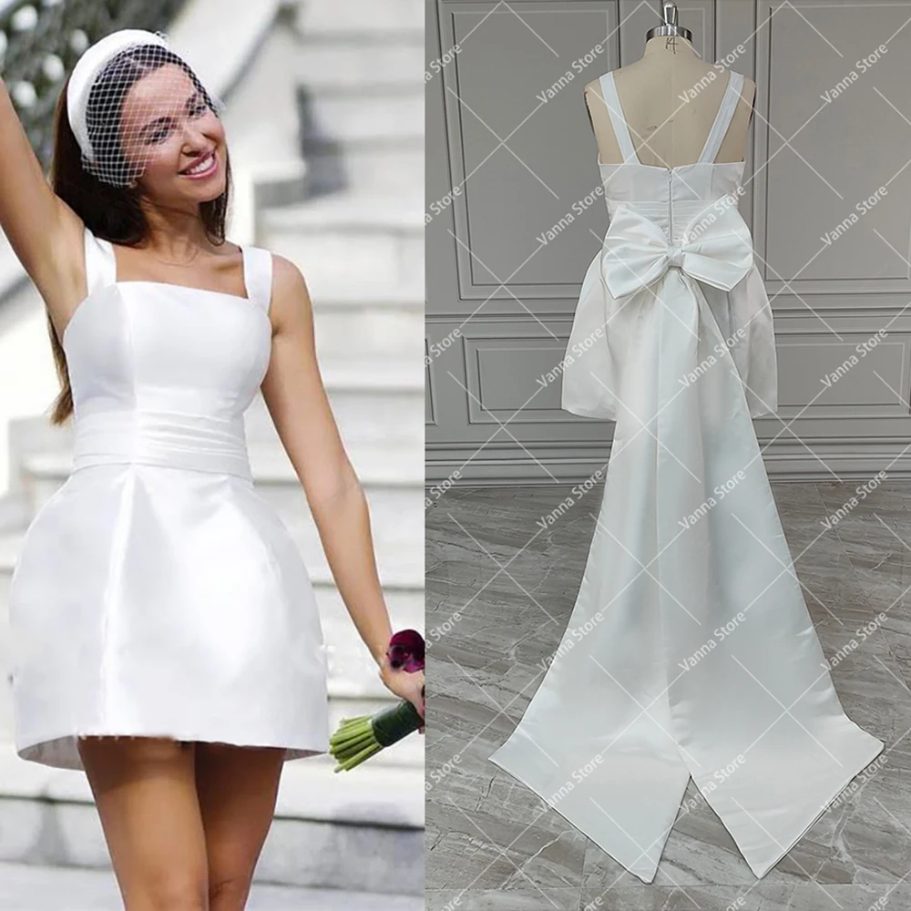 Short Mini Satin Square Neck Bridal Gown Large Bow Train Custom Made Plus Size Open Back Above Knee Length Puffy Wedding Dress