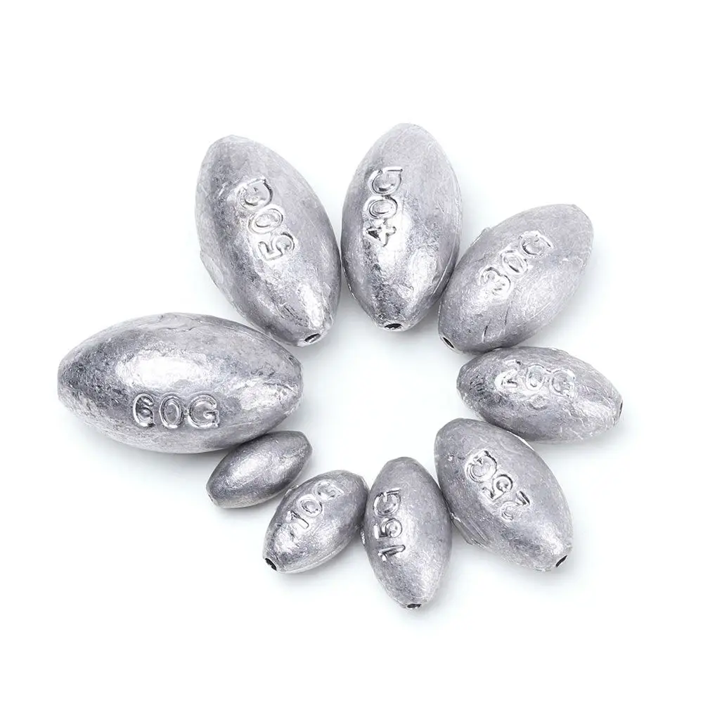 5Pcs Fishing Tack Fishing Lead Olive Shaped Sinkers Hollow Lure Lead Weights 1g/2g/3g/4g/5g/10g/15g/20g/25g/30g/40g/50g/60g/70g