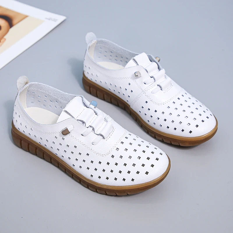 Genuine Leather Summer Loafers Women Casual Shoes Moccasins Soft Pointed Toe Ladies Footwear Women Flats Shoes White