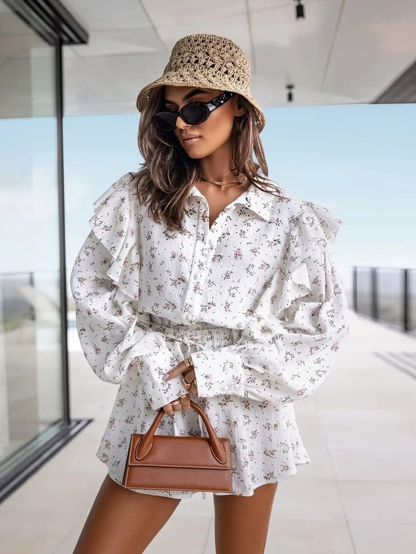 

Marthaqiqi Printing Femme Pajama 2 Piece Set Long Sleeve Nightgown Turn-Down Collar Sleepwear Shorts Casual Women Nightwear Suit