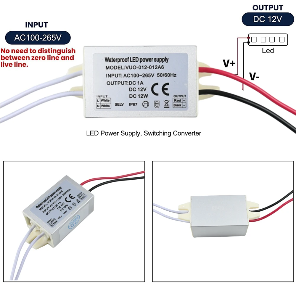 Imagem -05 - Impermeável Led Power Supply Adaptador Driver para Iluminação Interior e Exterior Entrada ac 110265v dc 12v Ip67 12w