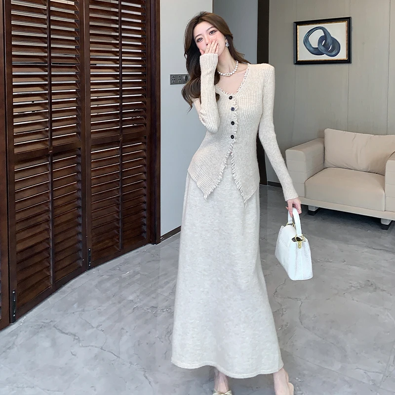 Female V Neck Single Breasted Knitted Cardigan Set Fashion Chic Commuting Maxi Skirt Suit 2024 Autumn Ladies High Street Outfits