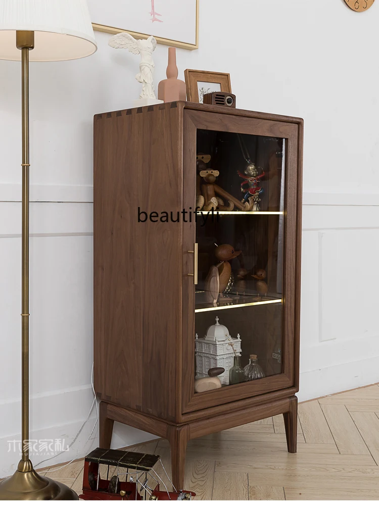 Walnut Side Cabinet with Light Display Cabinet Made of Glass Black Walnut Walnut Wooden Side Cabinet Living Room  Wood Wax Oil