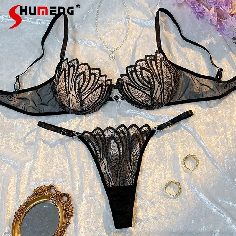 

Lace Sexy Lingerie for Women Pure Desire Style Transparent Bra Set with Underwire Female Ultra Thin Cup Push Up Brief Suits