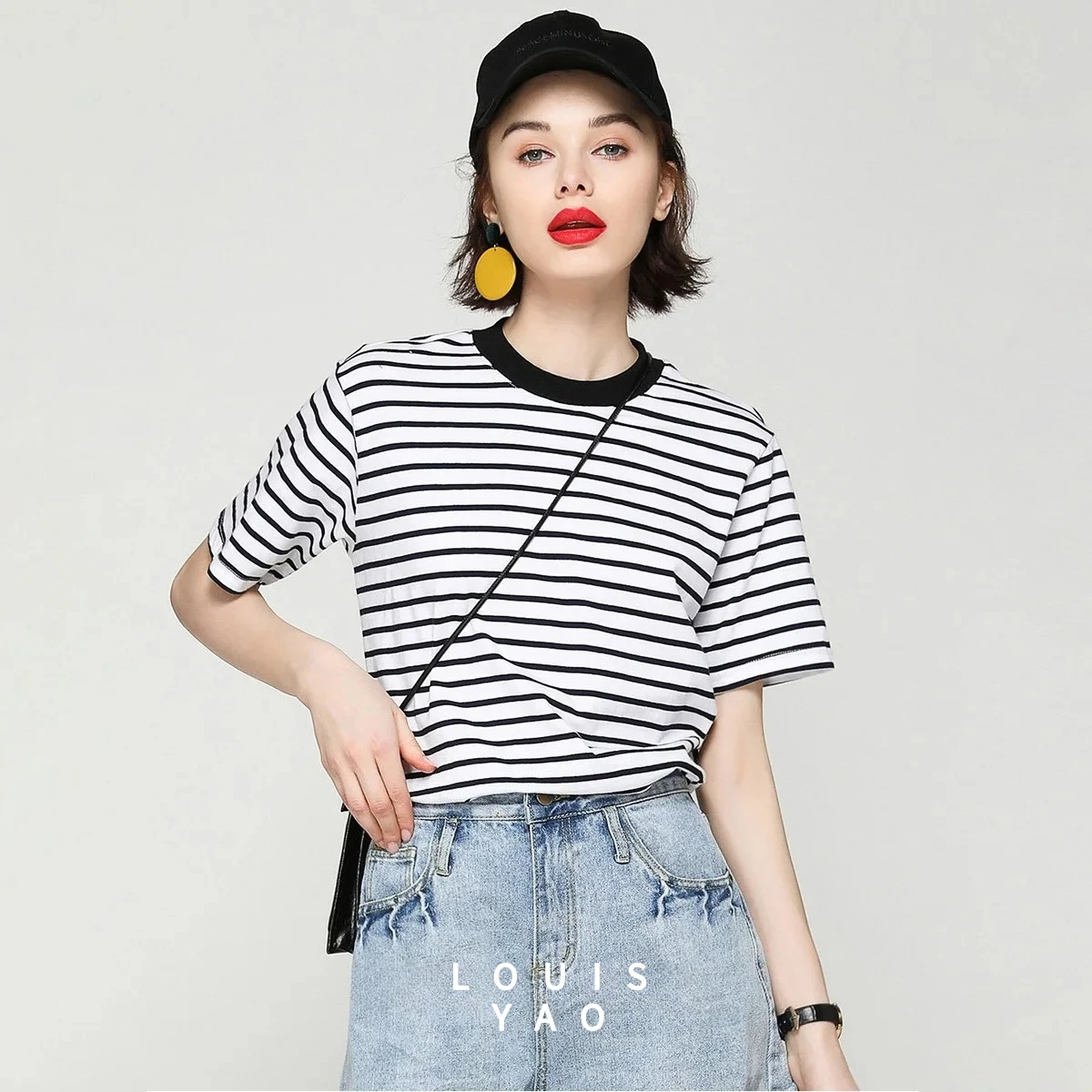 

LOUISYAO Striped Crew Neck Women's T-shirt 2025 Summer Normcore Woman Tops Contrast Colors Loose Y2k Short Sleeve Tees Street