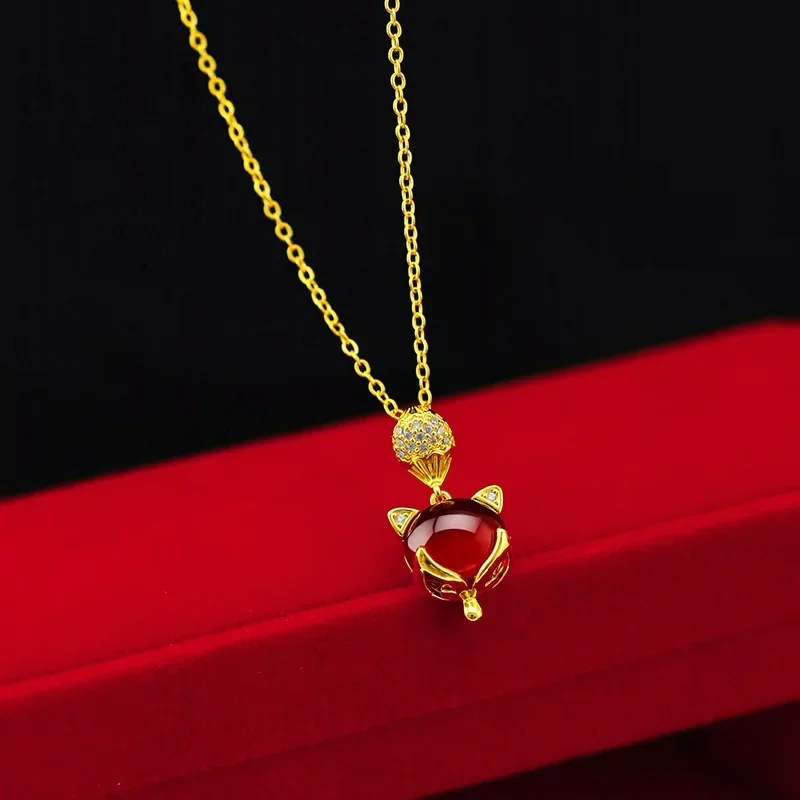 9999 Real Gold 24K Female Red Fox Necklace Bracelet Ring Three-piece Set, Japanese and Korean Fashion Fox Ring