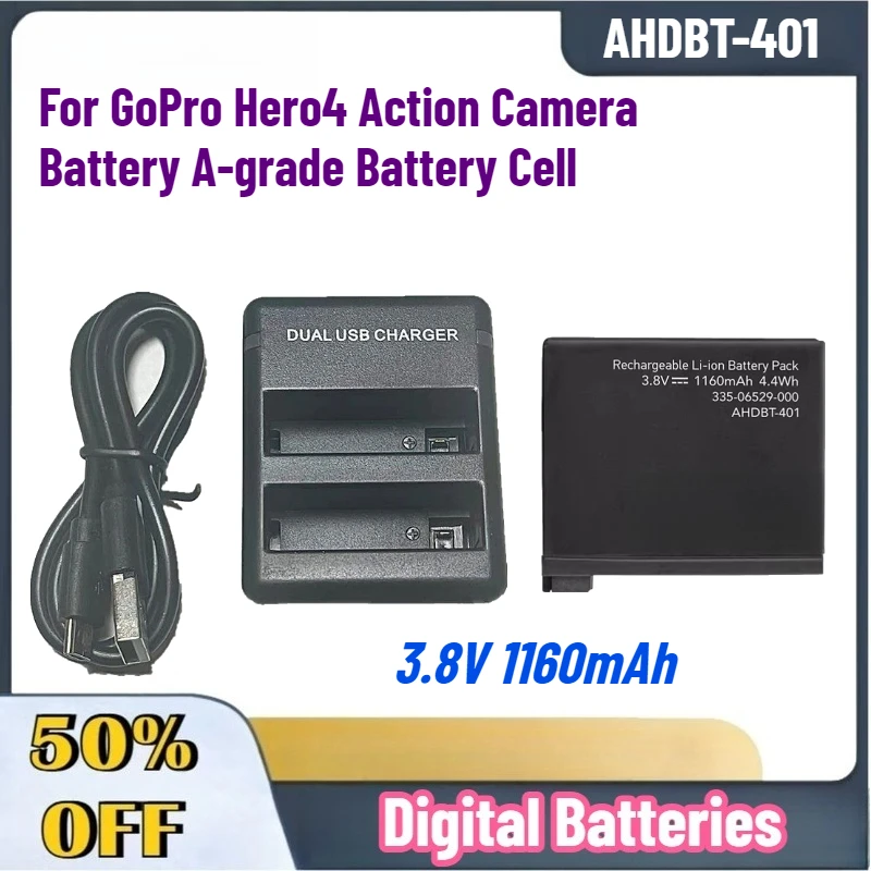 

High-Performance New 3.8V 1160mAh AHDBT-401 Rechargeable Battery for GoPro Hero4 Action Camera Battery A-grade Battery Cell
