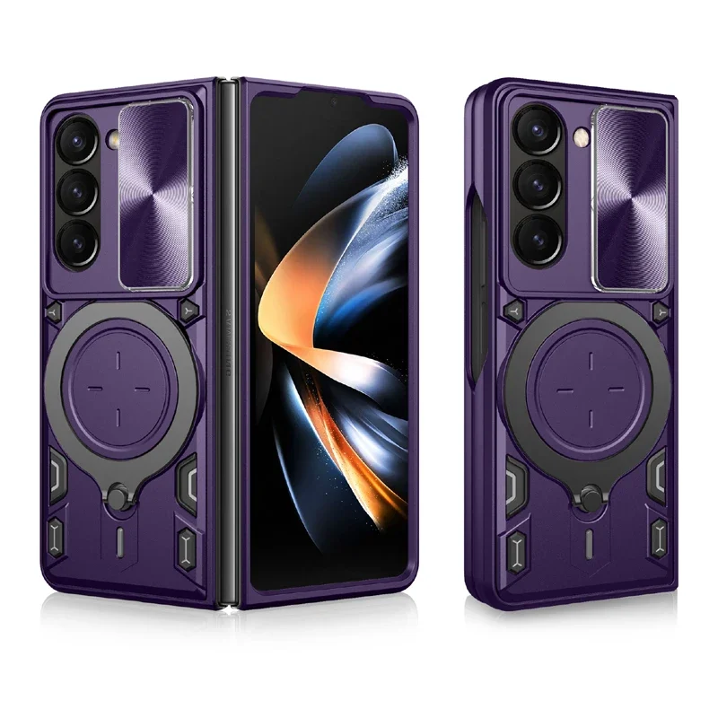 Luxuriöse Handyhülle mit magnetischem Ständer für Samsung Galaxy Z Fold 7, 4, 5, 6, stoßfest, 360° °   Schutzhüllen für die hintere Abdeckung des Rotationsringhalters