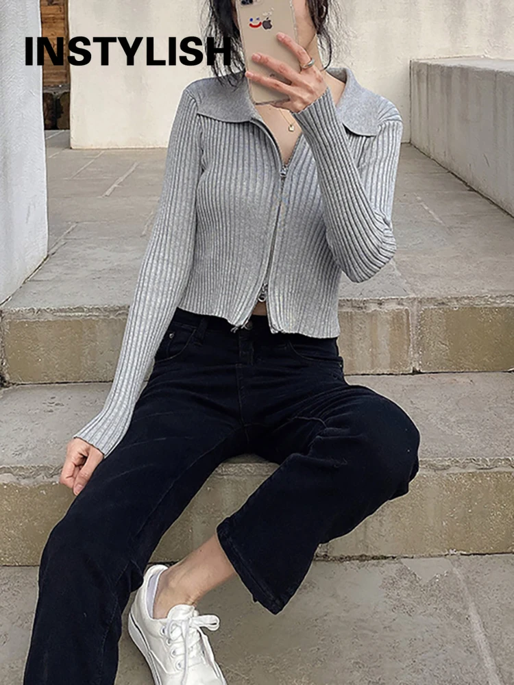 Elegant Korean Knitted Sweater Sexy Lapel Zipper Up Cardigan Women Vintage Harajuku Slim Coat Casual Ribbed Knit Cropped Tops