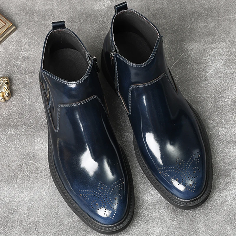 

New Luxury Men Genuine Leather Ankle Boots Zipper Black Blue Classic Chelsea Boots Men Winter Shoes Elegant Dress Boots Men