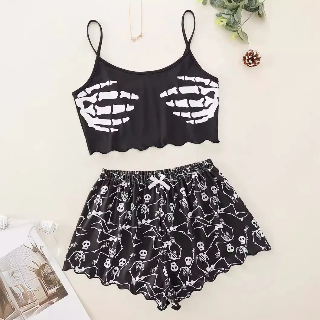 Halloween New Sexy Bikini Split Print Hanging Strap Print Two Piece Set Sexy Spicy Girl High Street Style