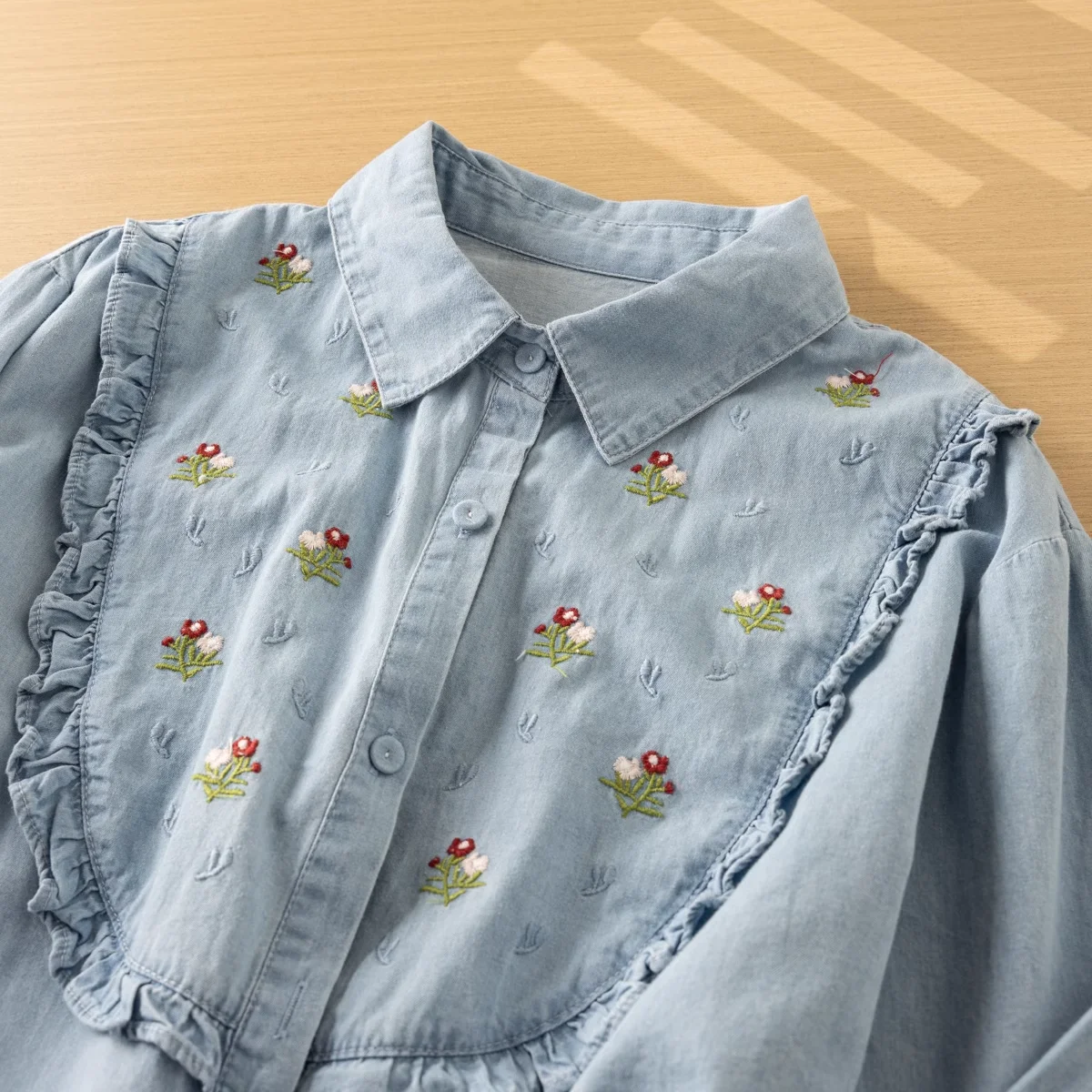 Cotton Denim Shirt for Women Autumn Flowers Embroidered Long Sleeve Blouses Mori Girl Vintage Stringy Selvedge Denim Blouses