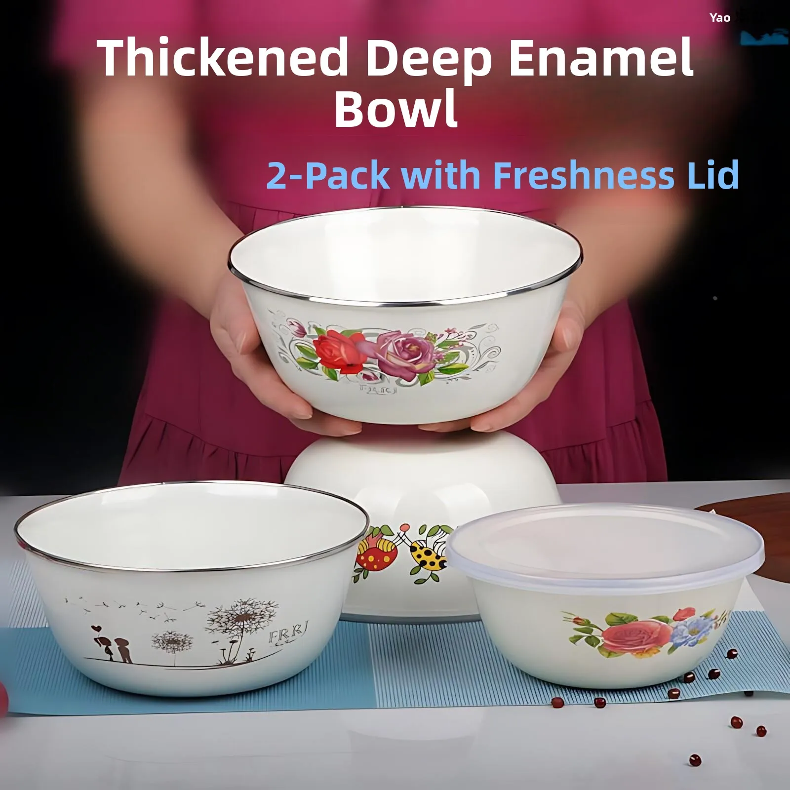

Thickened Enamel Soup Bowl Stainless Steel Enamel Rice Basin Soup Basin Stirring Bowl Fridge Preservation Bowl with Lid ...