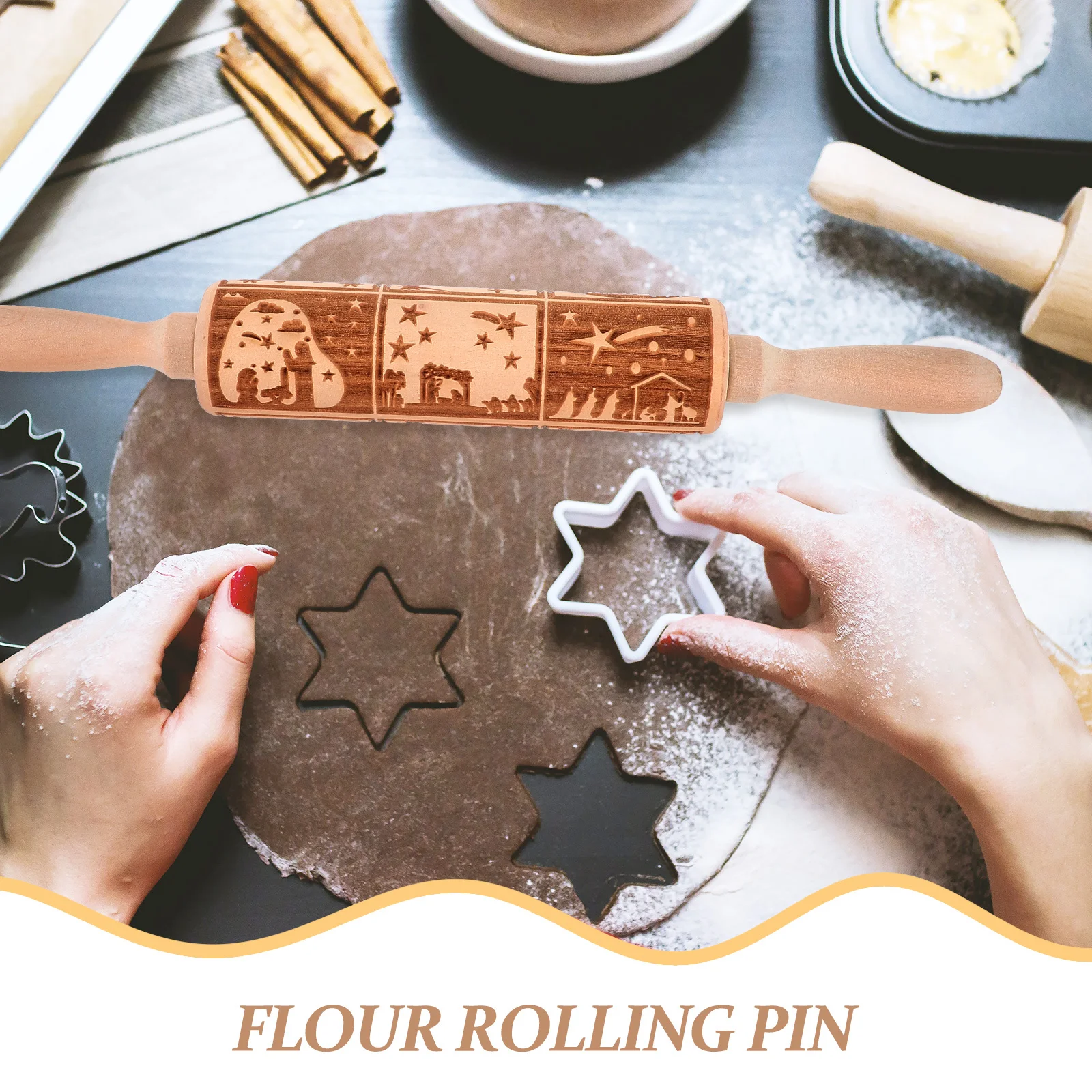 

Embossed Jesus Birth Pattern Wooden Rolling Pin Baking Dough Roller Cookie Christmas Easter Kitchen Tool