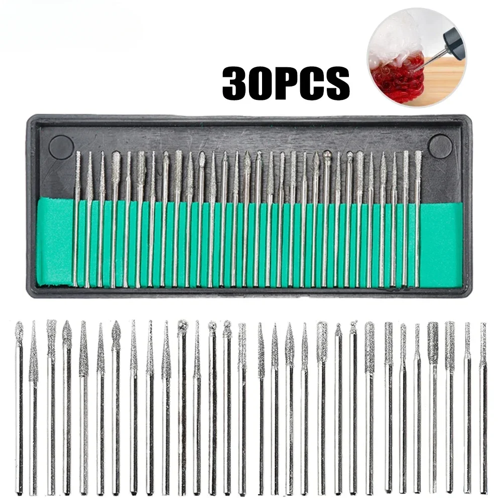 30pcs Diamond Burr Set with Storage Box for Rotary Tools Electric Grinders Engraving Grinding and Polishing