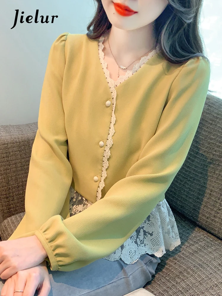 

Jielur Осенняя Новинка женская рубашка с кружевом контрастных цветов Милая женская элегантная рубашка Женский офисный Повседневный Модный Топ для женщин