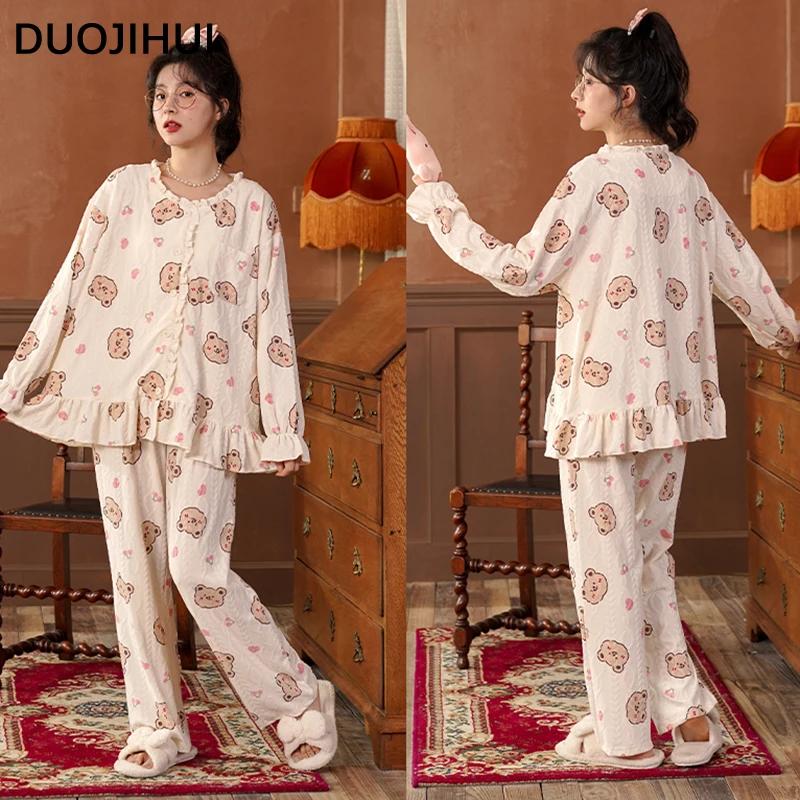 DUOJIHUI-Pyjama à Manches sulfet Col Rond pour Femme, Ensemble Chic, Imprimé Doux, Cardigan, Pantalon Simple, à la Mode, Nouvelle Collection Automne