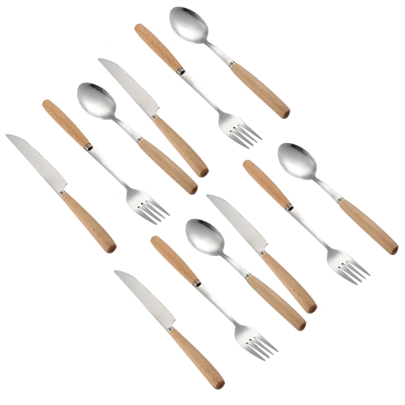 Promotion! 12 Pieces Cutlery Sets,Wood Stainless Steel Cutlery Set Wooden Handle Flatware Set Knife Fork Spoon Set Tableware