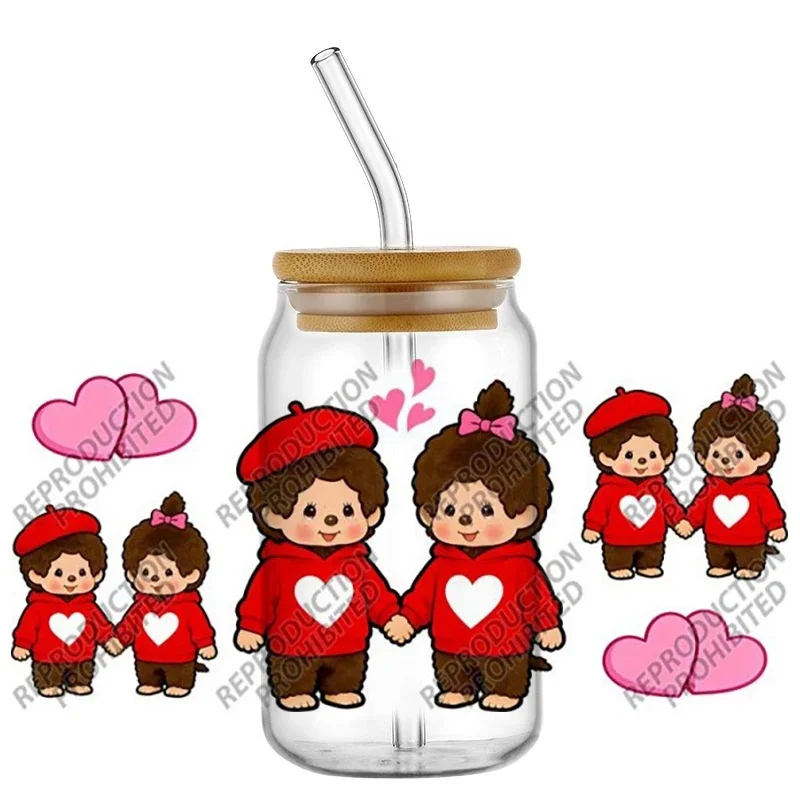 Cute Cartoon Stuffed Doll UV DTF Cup Wrap Self Adhesive Transfer Sticker for 16oz Libbey Glass Can Decal Custom Mug Durable Wate
