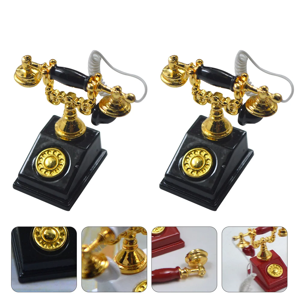 

2 Pcs House Telephone Simulation Miniature Decor Kid Phones Furniture Model Supply Zinc Alloy Prop Toy Child