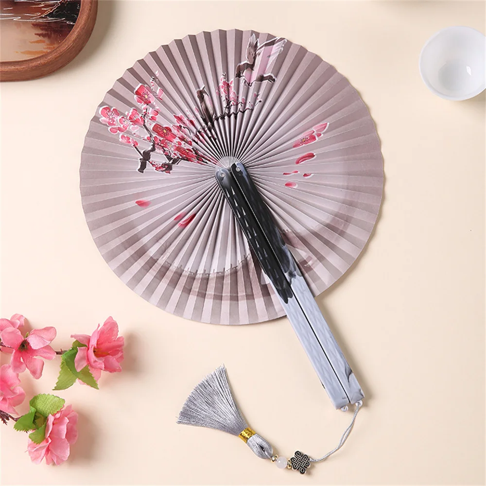 Chinese Ancient Style Round Fan Paper Folding Fans Printing Dance Foldable Hand Held Fan Wedding Party Decor Gift