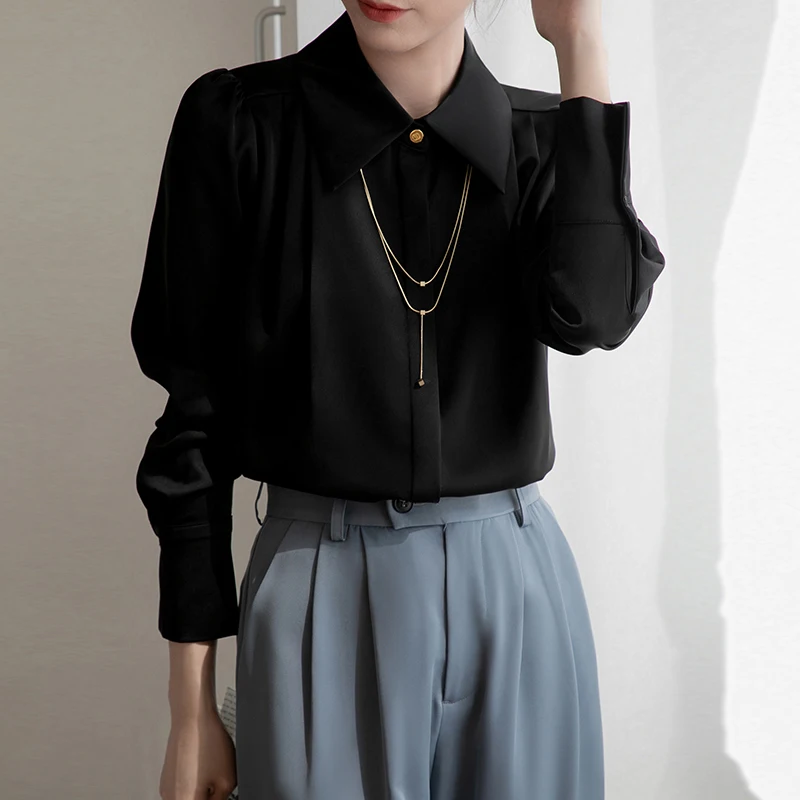 Women Spring Simplicity Slim Office Lady CHAIN Solid Color Square Collar Long Sleeve Shirts Women Clothes Casual All-match Tops