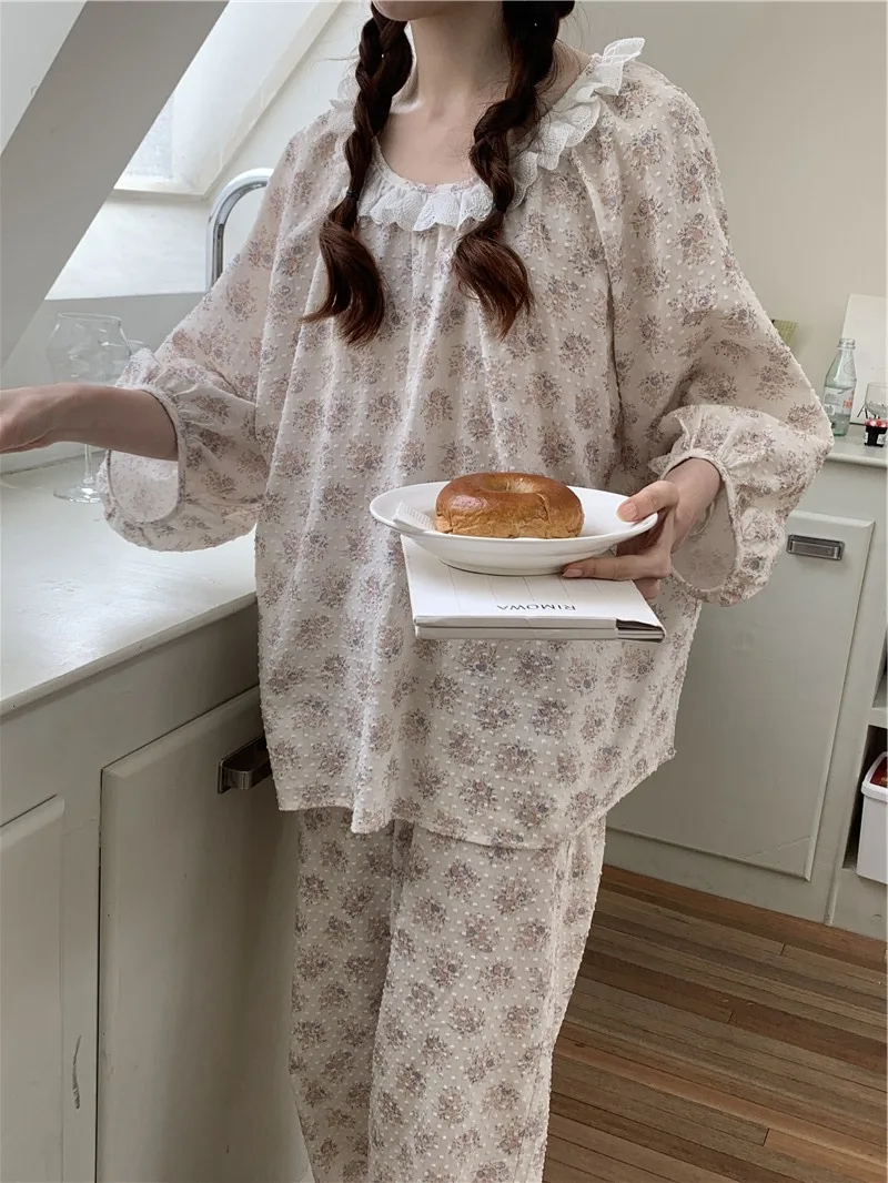 

Pure Cotton Sleepwear Set round Neck Long Sleeve Floral Lace Trim Girls Long Pants Home Clothes Sweet Cute Style Spring Summer