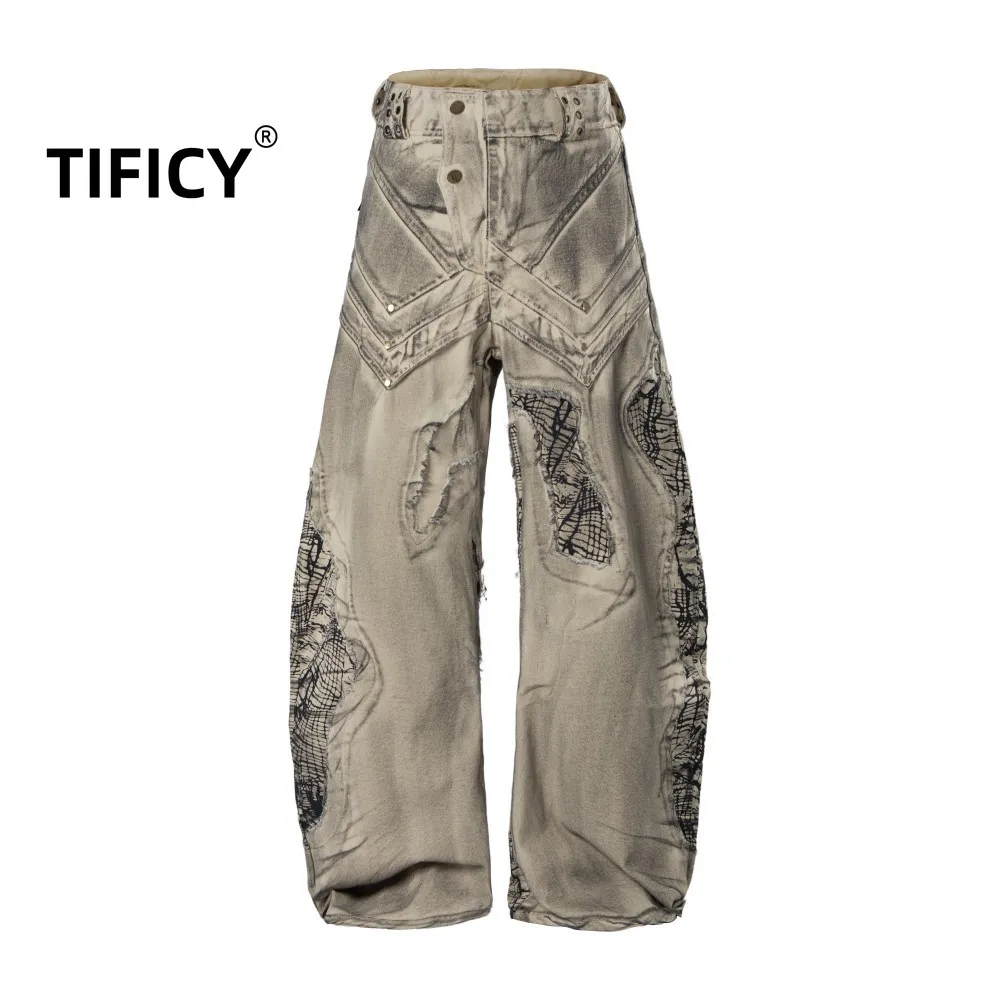 

High Street Heavy Industry Used Wide Leg Jeans Pant Retro Washed Grid Printed Rivet High Street Men's Loose Casual Pants