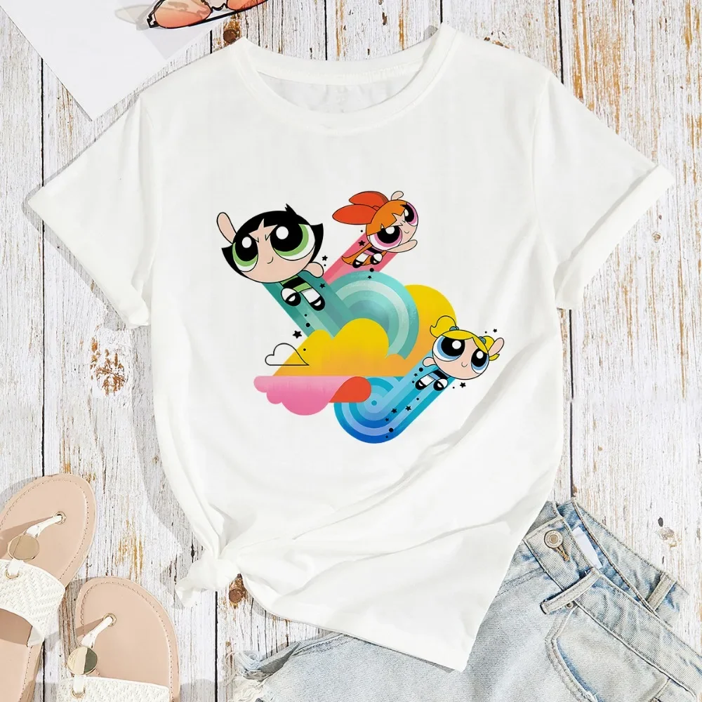 المرأة تي شيرت Kawaii The Powerpuffs الفتيات قصيرة الأكمام بلايز المرأة أنيمي مطبوعة المرأة تي شيرت الكبار الصيف موضة الملابس #3