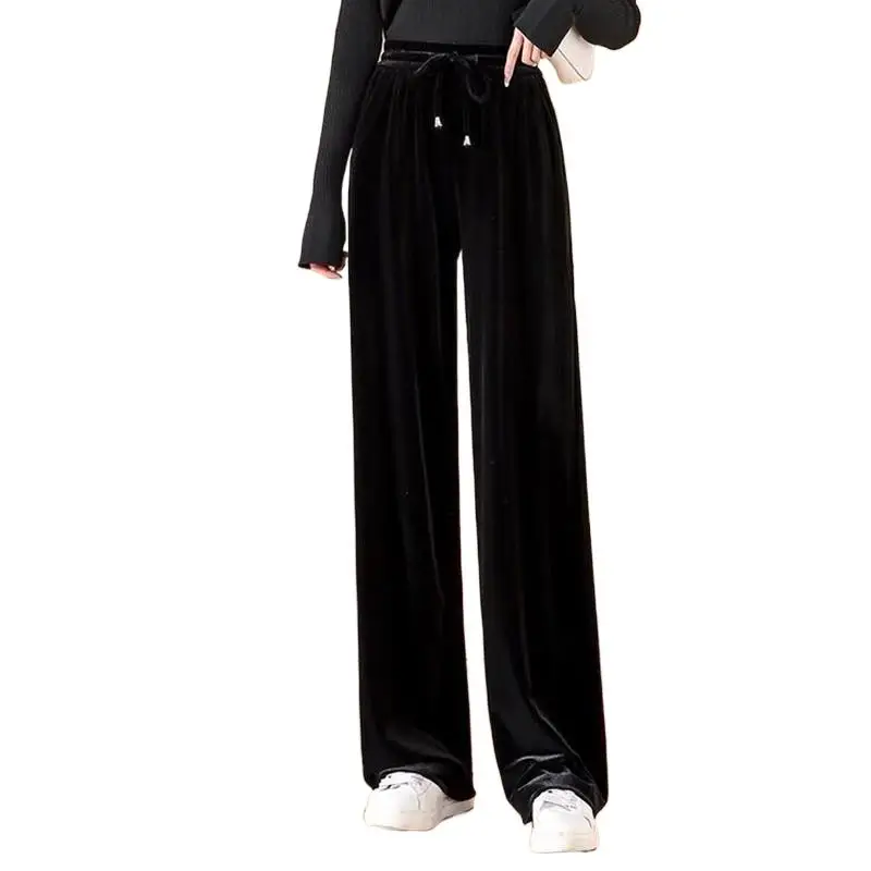 

2024 Autumn Winter Women Fashion velvet pants Loose Elastic Waist Straight Leg Long maxi velour Trousers lace up wide leg pants