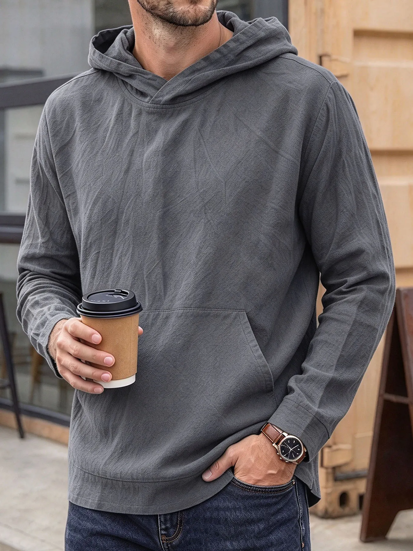 Men's Cotton Linen Texture Hoodie Long Sleeve Pullover Solid Color Kangaroo Pocket Casual Lightweight Fashion Streetwear