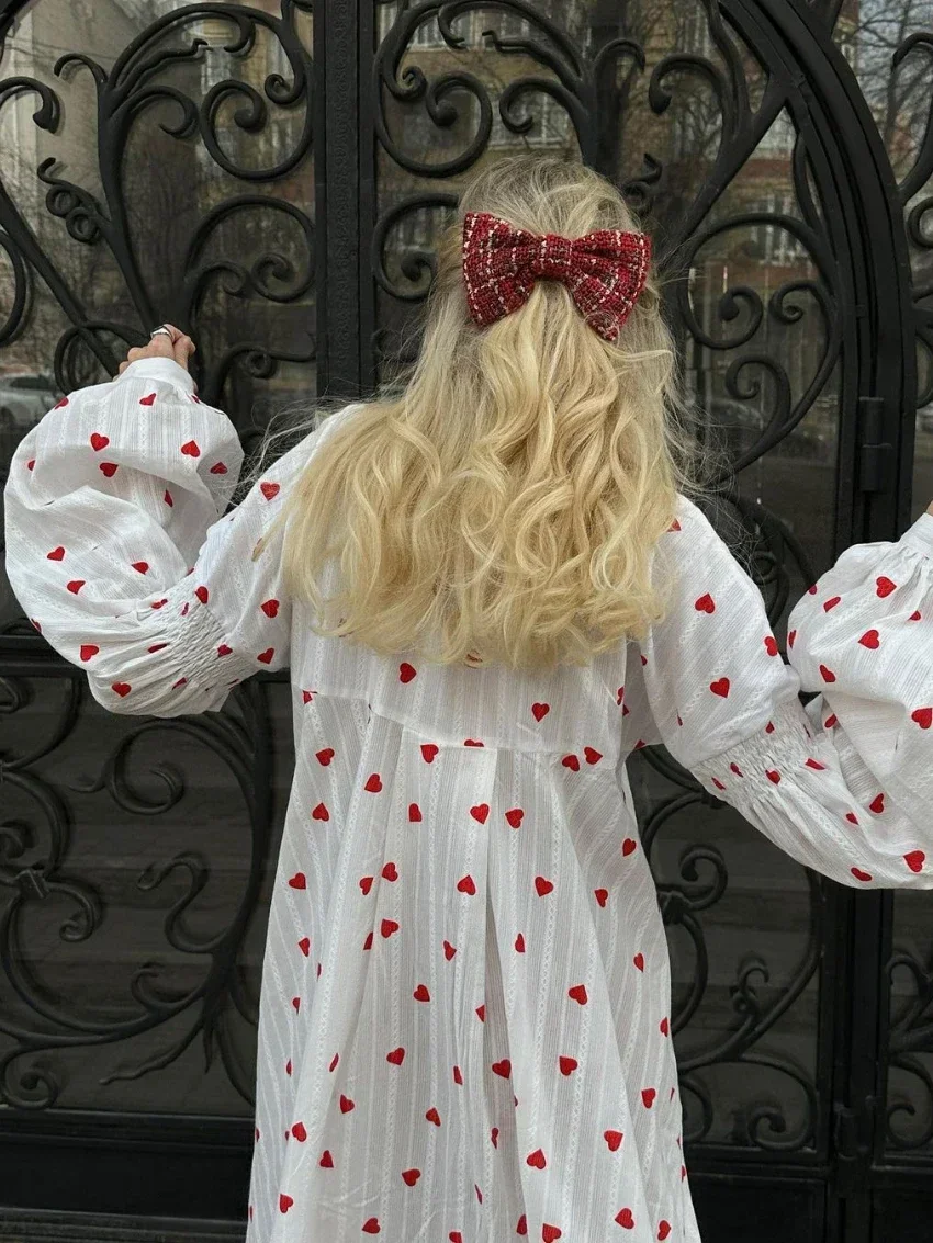 الجاكار القلب طباعة فستان بكم طويل المرأة موضة فضفاضة Vestidos خمر الإناث ألف خط 100% فستان صيفي القطن