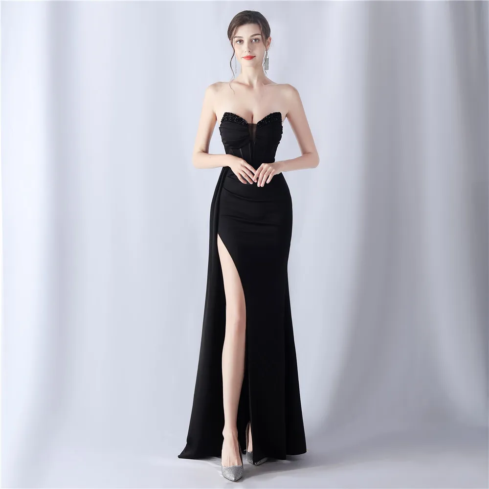 DEERVEADO Women\'s Luxury Evening Dress with Beads Soft Satin Mermaid Slit Prom Party Maxi Dress Long Formal Dress Evening Gown