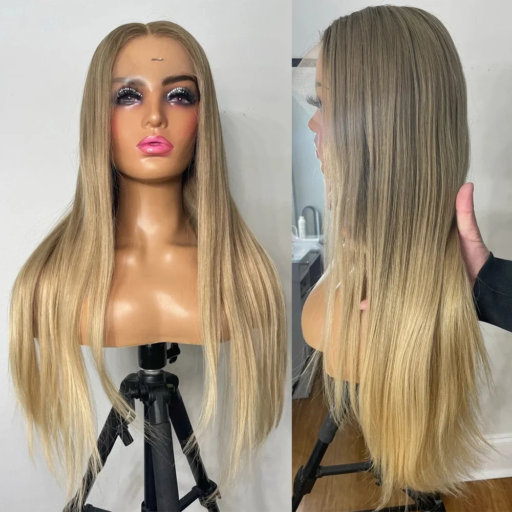 Golden Blonde Ombre Long Straight Synthetic Hair Lace Front Wigs for White Women Glueless High Temperature Fiber Cosplay Wigs