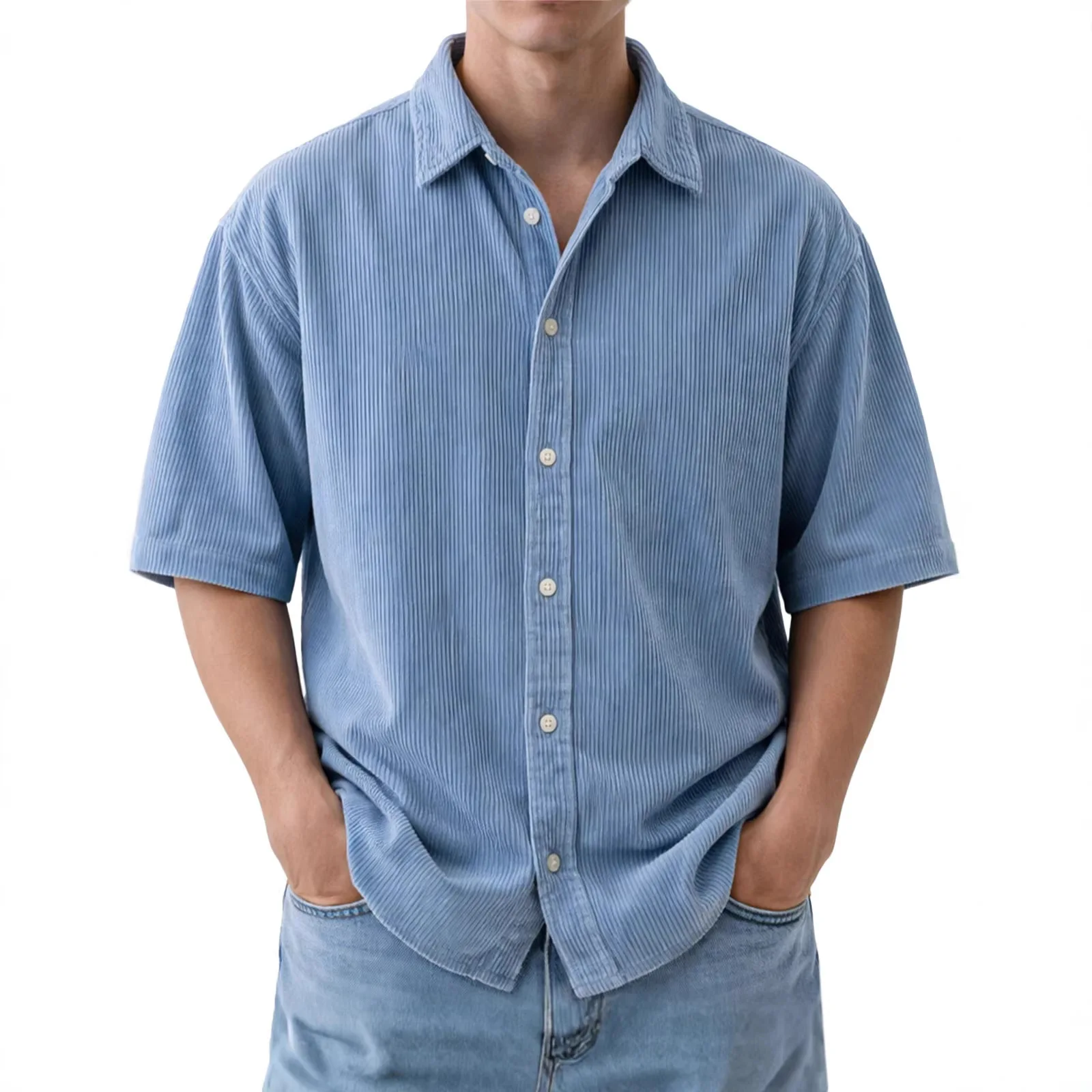 

Retro Men's Shirt Casual Loose Color Corduroy Button-Up Independent Station Summer 2026 Polyester Fiber