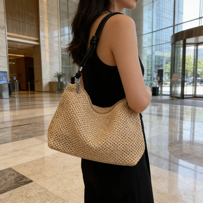 

Straw Woven Shoulder Bag with Knotted Leather Handles Crossbody Bag, Chic Summer Beach Tote Bags for Casual Outings, Daily Use