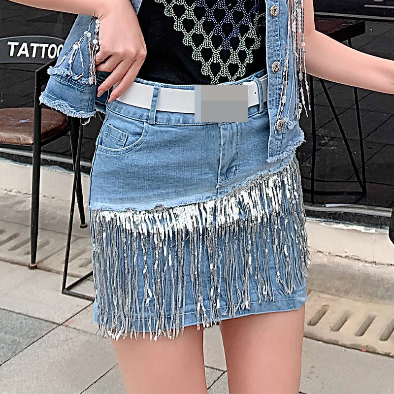 Denim tassel pocket button skirt super short belt  goth  clothes mini skirt harajuku Slim y2k clothes