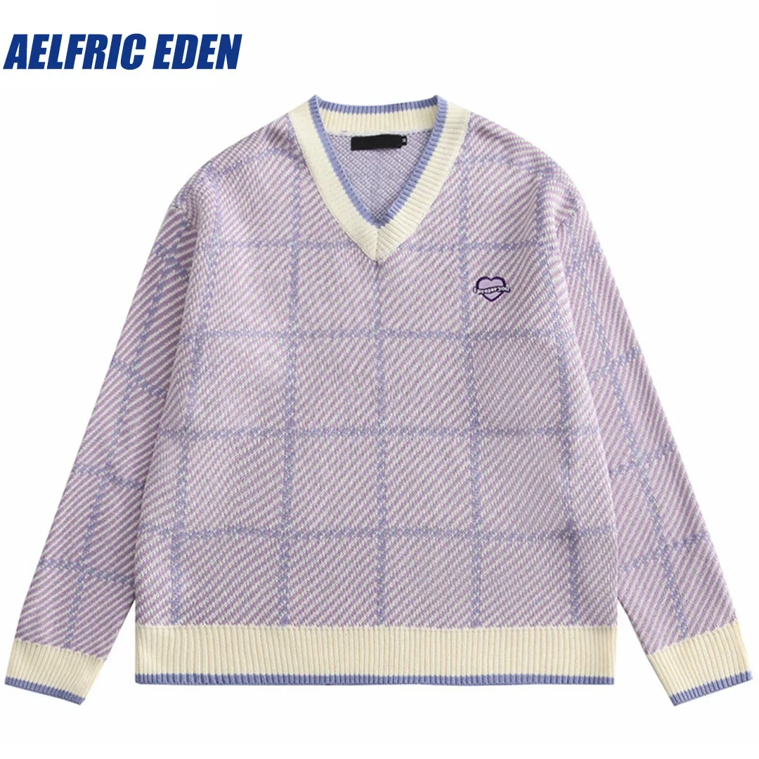 Aelfric Eden Embroidery Heart Plaid Knitted Sweater 2023 Autumn Men Hip Hop Streetwear Harajuku Cotton Casual Pullover Sweater