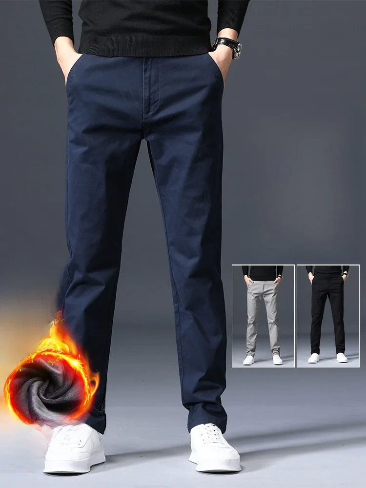 

Мужские повседневные брюки из утолщенного флиса, теплые эластичные брюки прямого кроя, осенне-зимние высококачественные облегающие хлопковые брюки