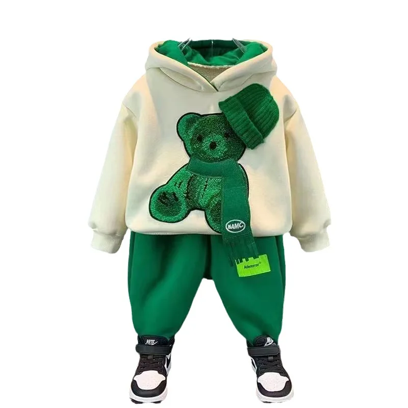 Winter Thicken Lamb Wool Baby Girl Boy Clothes Set Children Sports Cartoon Bear Sweatshirt Top+Pants 2 Pcs Suit Cotton Tracksuit