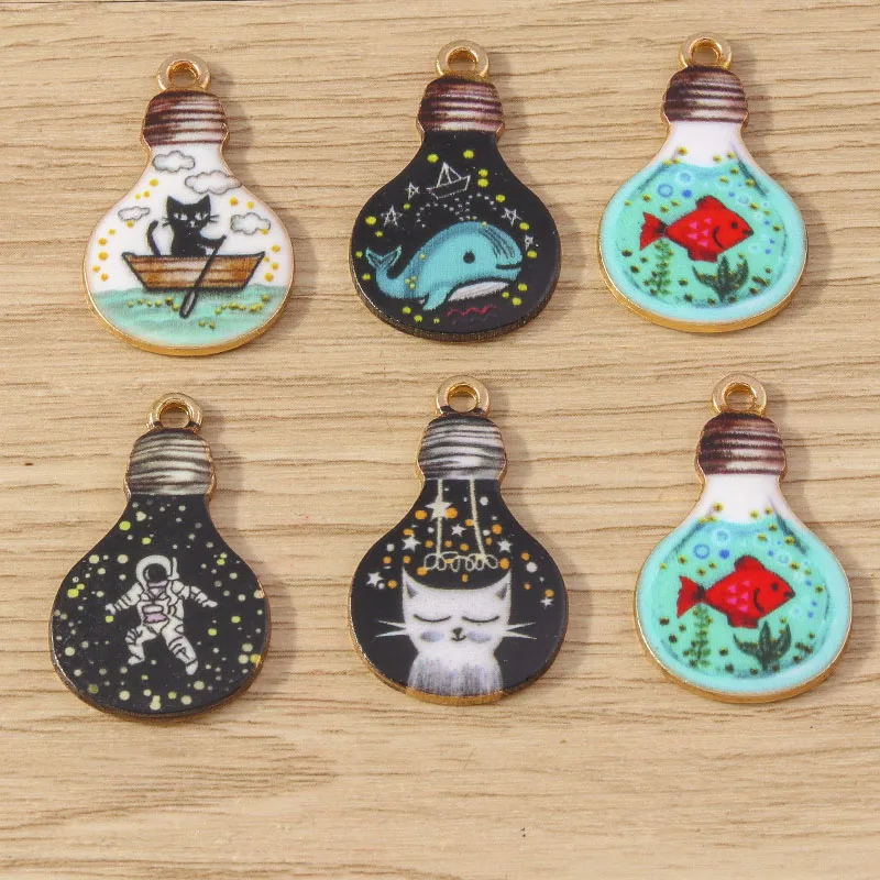 Tusember 10 Stück Emaille Kreative Astronaut Wal Glühbirne Fisch Katze Charms für Tropfen Ohrringe Halskette DIY Schmuck Handgefertigte Accessoires – Detail 8