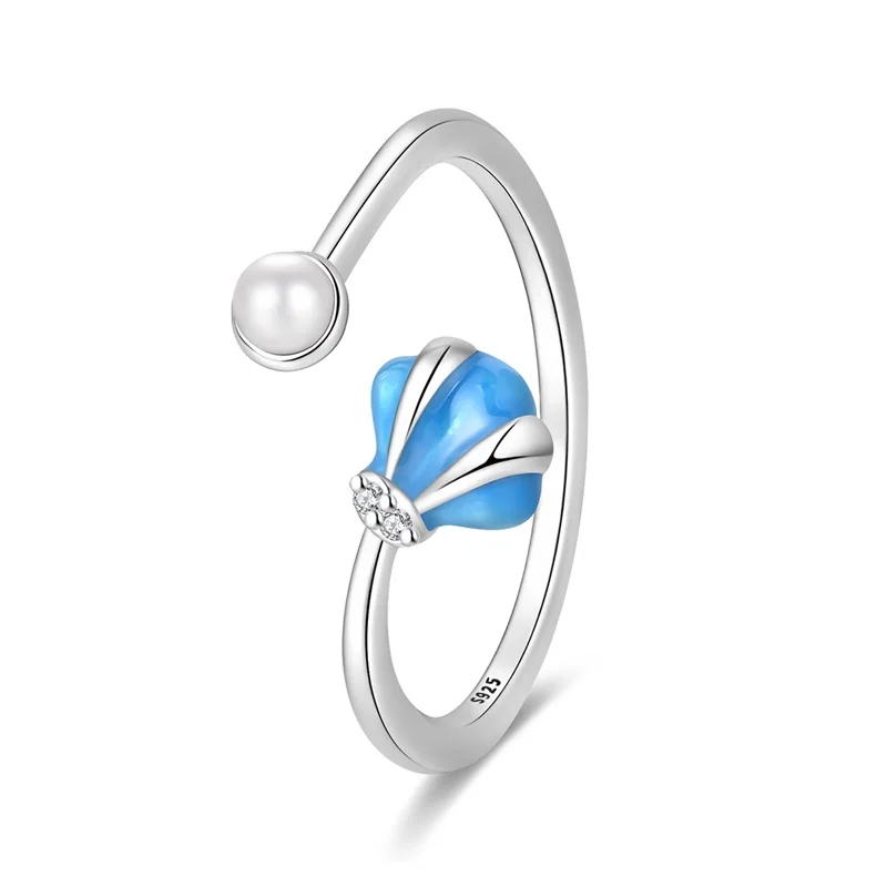 

925 Sterling Silver Blue Shell Pearl Ring Sparkling CZ Zircon For Women Girls Friends Fine Birthday Anniversary Jewelry Gifts