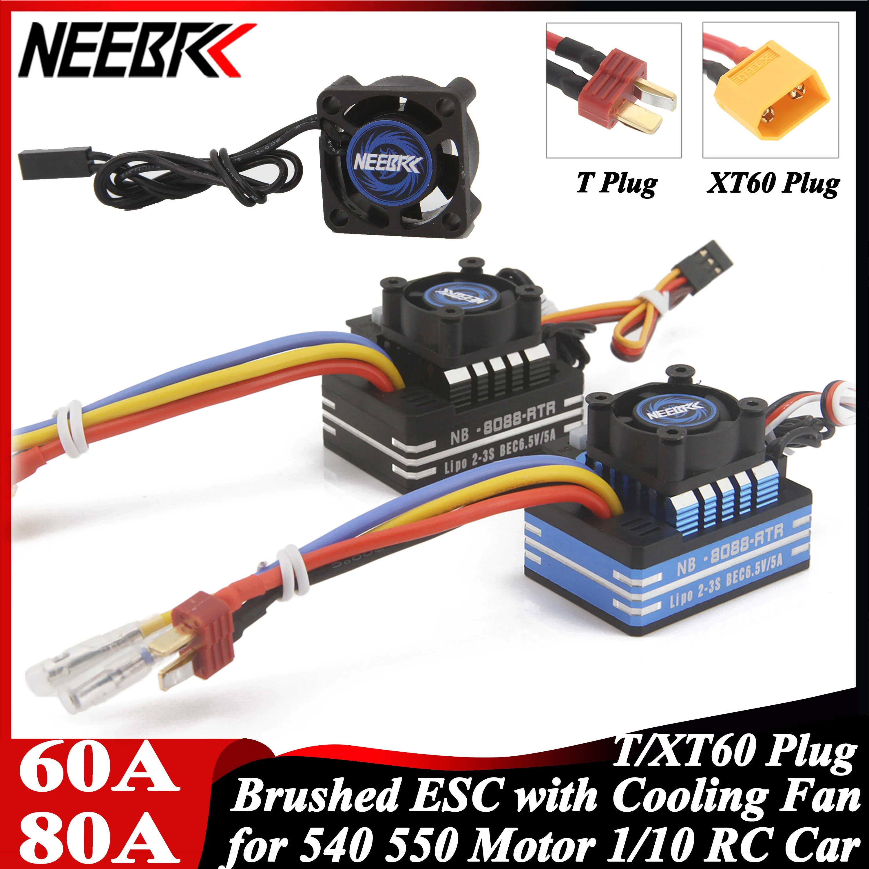 

NEEBRC 60A 80A Waterproof Metal Brushed 2-3S ESC Cooling Fan for 540 550 Motor 1/10 1/12 RC Car Crawler Monster Off-road Truck