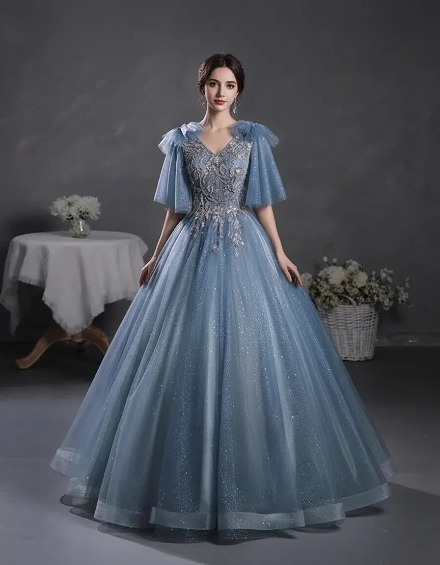 Dusty Blue Ruffle Sleeve Glitter Tulle Ball Gown Back Lace Up Quinceanera Wedding Birthday Evening Prom Dress Free Petticoat