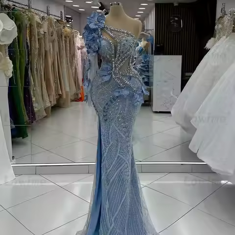 Blue One Shoulder Handmade Flower Party Dress Wedding Reception Dresses With Split Crystal Beaded Evening Gown Arabic Prom Dress