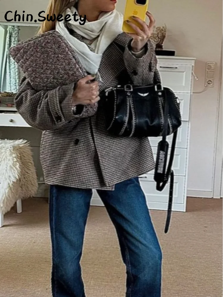 

Уличное женское шерстяное пальто в клетку с воротником-стойкой, свободная однобортная куртка с лацканами и длинными рукавами, осень-зима 202, женская верхняя одежда, новинка