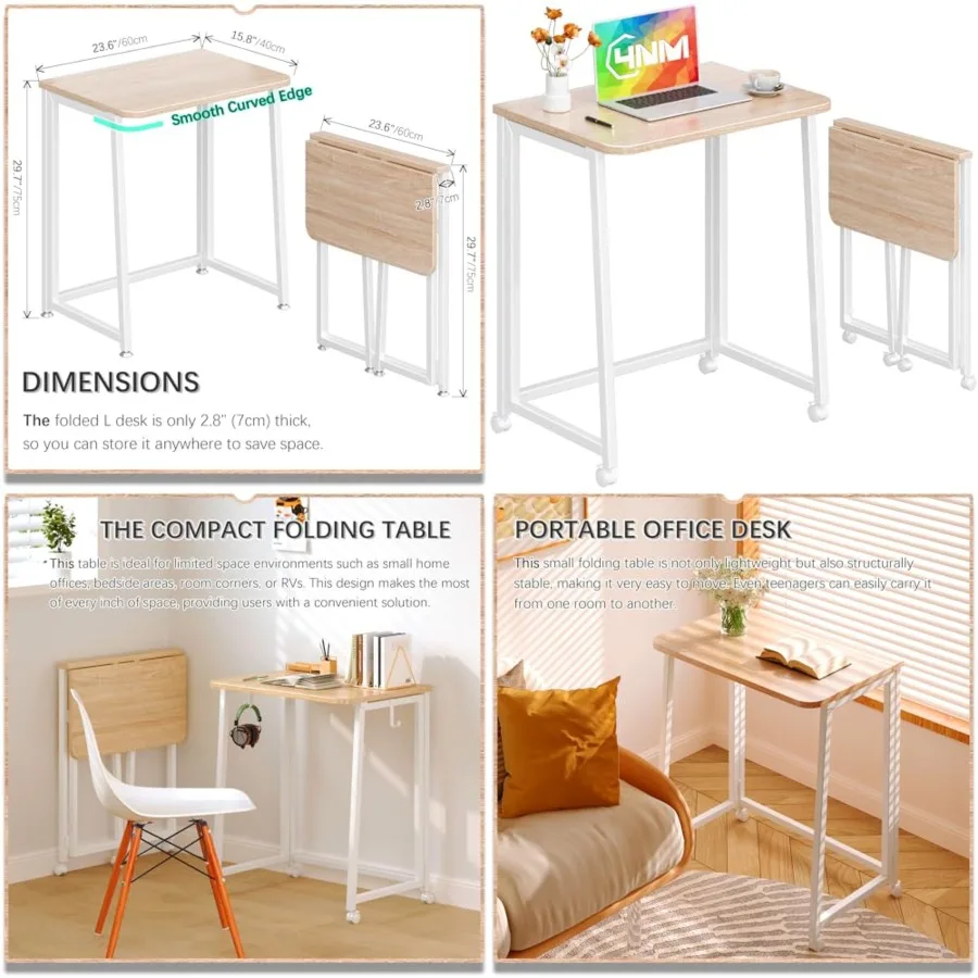 

23.6" Mobile Small Folding Desk, Foldable Rolling Computer Home Office Desk, Study Writing Table for Small Space Saving Bedroom