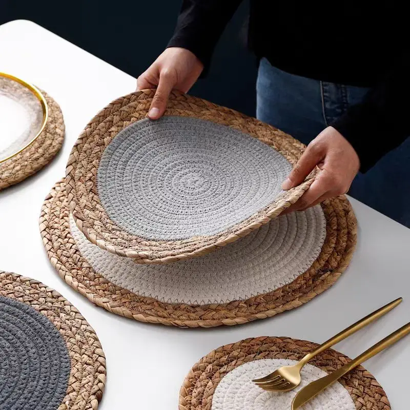 Warm Tone Ins Rush Grass Natural Straw Woven Placemat Cotton Rope Heat Insulation Mat Decorative Forest Style Cup Mat Plate Mat